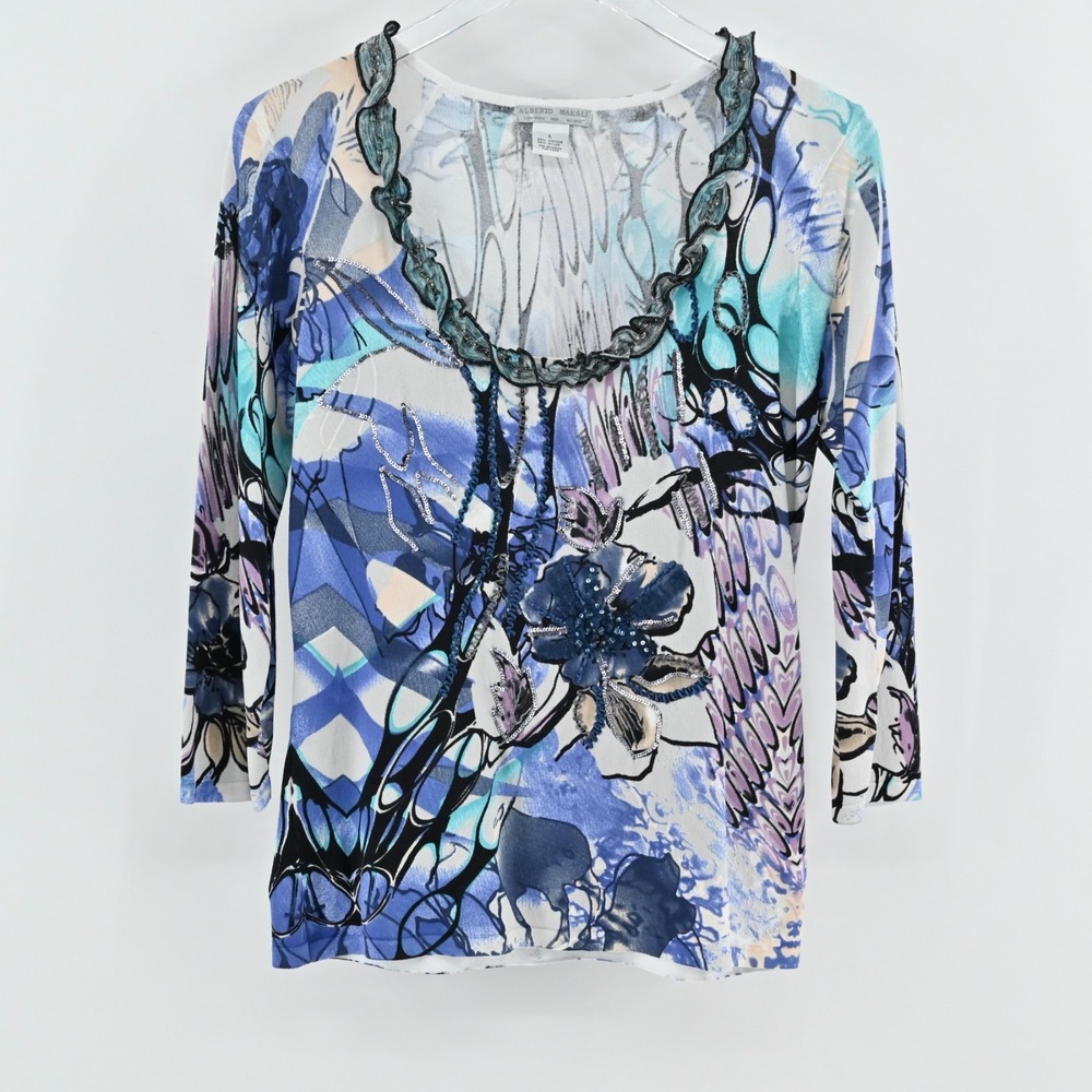Alberto Makali Womens Ruffle Sequin Sweater Size L Blue Floral Art To Wear Bold‎